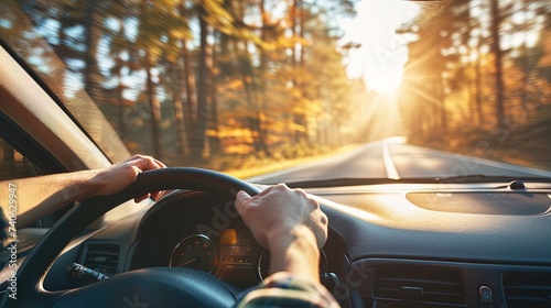 Hands of a car driver gripping the wheel, navigating the road, driving