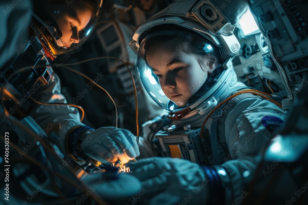 Intense and focused child astronaut in a detailed suit operating complex spacecraft equipment, showcasing early engagement with space technology.