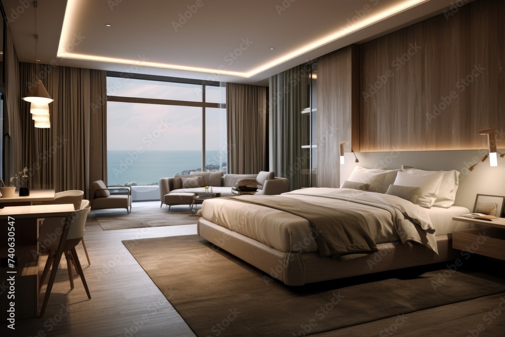 Fototapeta premium A sumptuous bedroom suite with sophisticated lighting, elegant furniture, and a breathtaking ocean view, offering a sanctuary of relaxation..