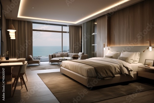 A sumptuous bedroom suite with sophisticated lighting, elegant furniture, and a breathtaking ocean view, offering a sanctuary of relaxation.. © Lazylizard