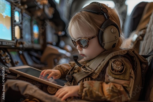 A young child dressed in aviator gear, including a fur-lined jacket and sunglasses, confidently sits in an airplane cockpit, holding a tablet. photo