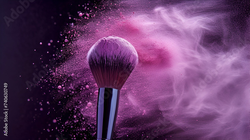 Cosmetics Brush with Glowing Face Powder, Makeup Tool for Applying Highlighter or Blush, Beauty Product with Dust Explosion Effect, Professional Cosmetic Equipment for Glamorous Look, Generative AI

 photo