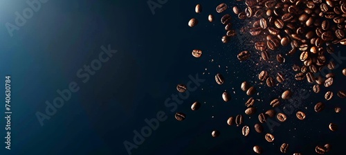 Roasted coffee beans levitating on dark background with copy space for text placement photo