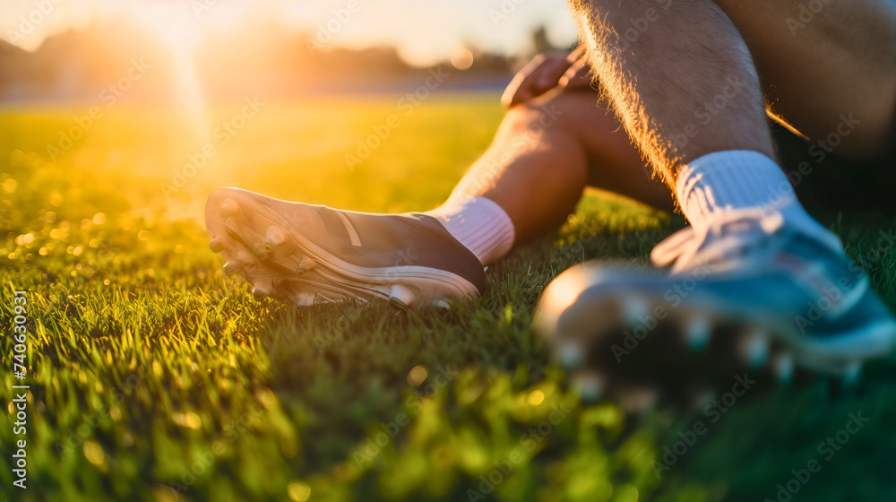 Closeup of a male soccer player legs and feet, wearing soccer shoes and shorts, sitting on a grass field outdoors on a sunny summer day. Stretching or warming up, preparing for team training outside - obrazy, fototapety, plakaty 