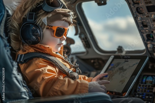 A young child dressed as a pilot, wearing aviator sunglasses and headphones, confidently using a tablet in the cockpit of an airplane.