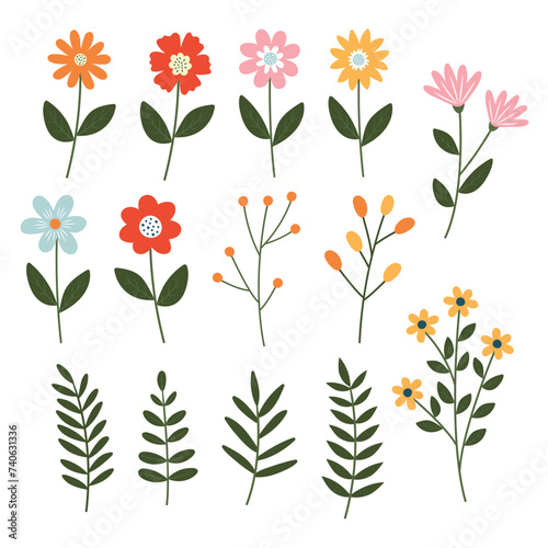 Zestaw ręcznie rysowanych kwiatów i liści. Ilustracja wektorowa w stylu retro