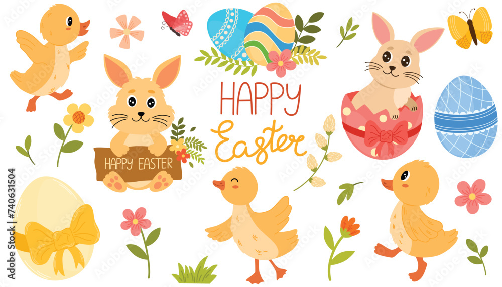 Cute Easter set. Spring collection of animals, eggs, flowers and decorations. For poster, card, scrapbooking, stickers. Cartoon flat style Vector illustration