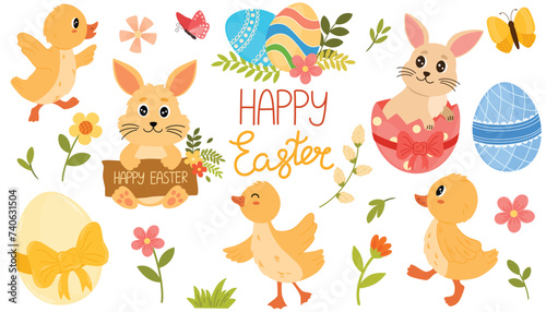 Cute Easter set. Spring collection of animals  eggs  flowers and decorations. For poster  card  scrapbooking  stickers. Cartoon flat style Vector illustration