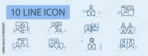 Video hosting set line icon. Technology, smartphone, communication, online call, message, laptop. Pastel color background. Vector line icon for business and advertising