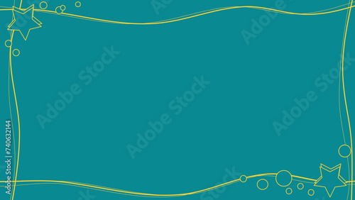 The green tone background is decorated with yellow flowing curves, stars and circles