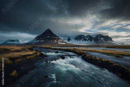 Icelandic landscape with a mountain river and snow-capped peaks. Generative AI