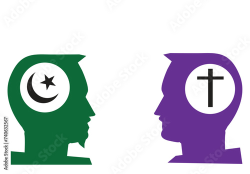 Christian and Muslim Interreligious Dialogue. Editable Clip Art.