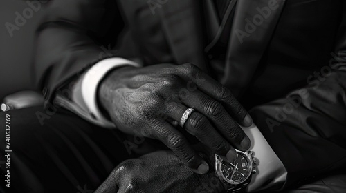 details of the groom's or man's hands, including the watch and ring, close-up. Textures and elements are clearly visible to convey realism and authenticity.