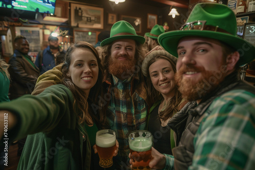 Group of people in a bar, celebrating St Patrick's day, cheering. Generative Ai
