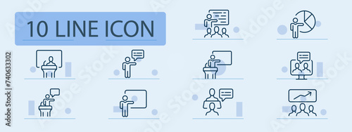 Performance set line icon. Pie chart, message, presentation, exchange of experience, teamwork, monitor. Pastel color background. Vector line icon for business and advertising