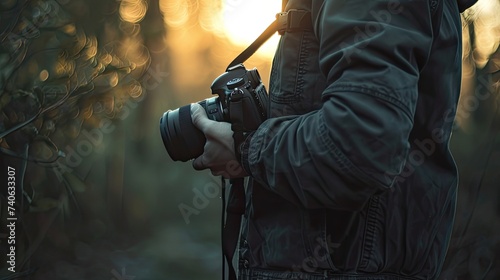 camera and close-up, the photographer holds the camera in his hands or the camera on a tripod, processes the shooting