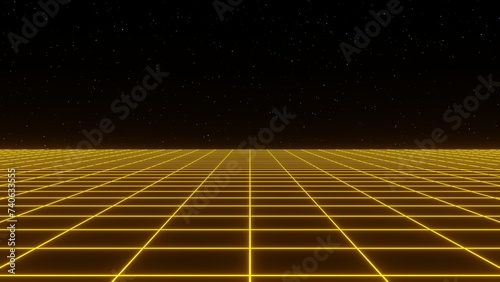 3d abstract wireframe grid simple retro way in yellow orange disco colors. Neon 80s 90s retrowave retro chrome road. cyberpunk futuristic music background.. Glow and shine laser blue synthwave