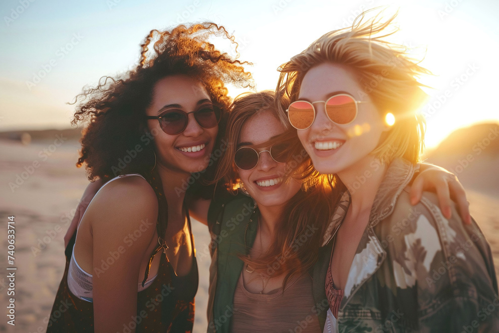 A group of different beautiful young ones in sunglasses on the beach on a summer day. Selfie portrait on wide angle from below.