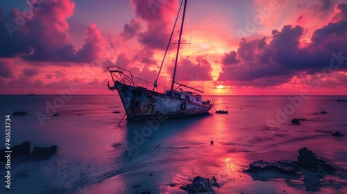 A wrecked sailboat at sunset, long exposure, motion blur in the clouds, cinematic lighting - AI Generated Digital Art