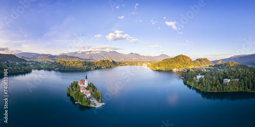 Drone point view of Church and Castle in lake Bled, Slovenia at sunset, scenic autumn panorama, Bled, Upper Carniola, Slovenia  photo