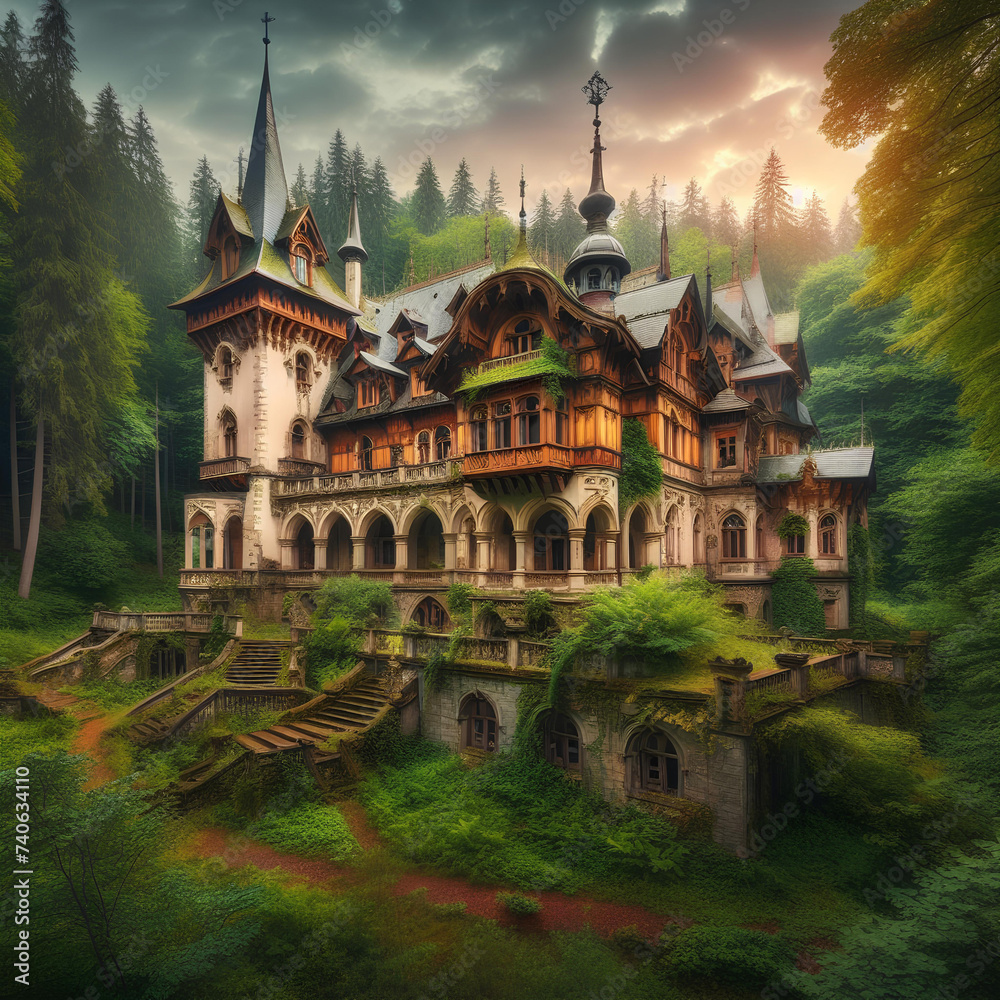 Obraz premium gorgeous abandoned medieval mansion in a fairytale forest