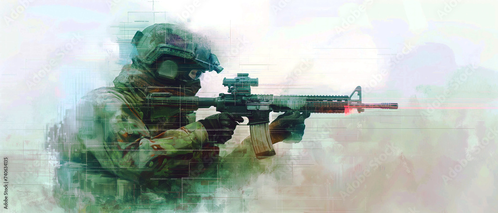 A soldier in tactical gear aims an assault rifle in a digitally altered glitch art illustration