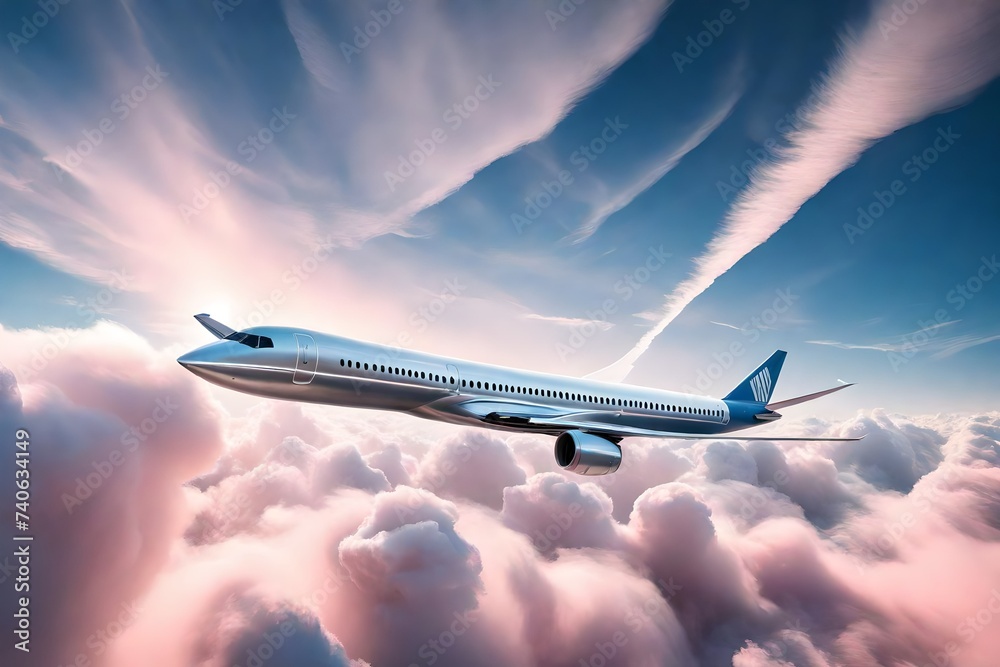/imagine A sleek, silver passenger jet soaring through a cotton candy sky, leaving behind a trail of wispy clouds.