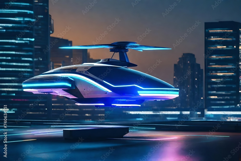 A futuristic air taxi taking off vertically from a rooftop helipad, offering commuters a seamless transition between urban destinations.