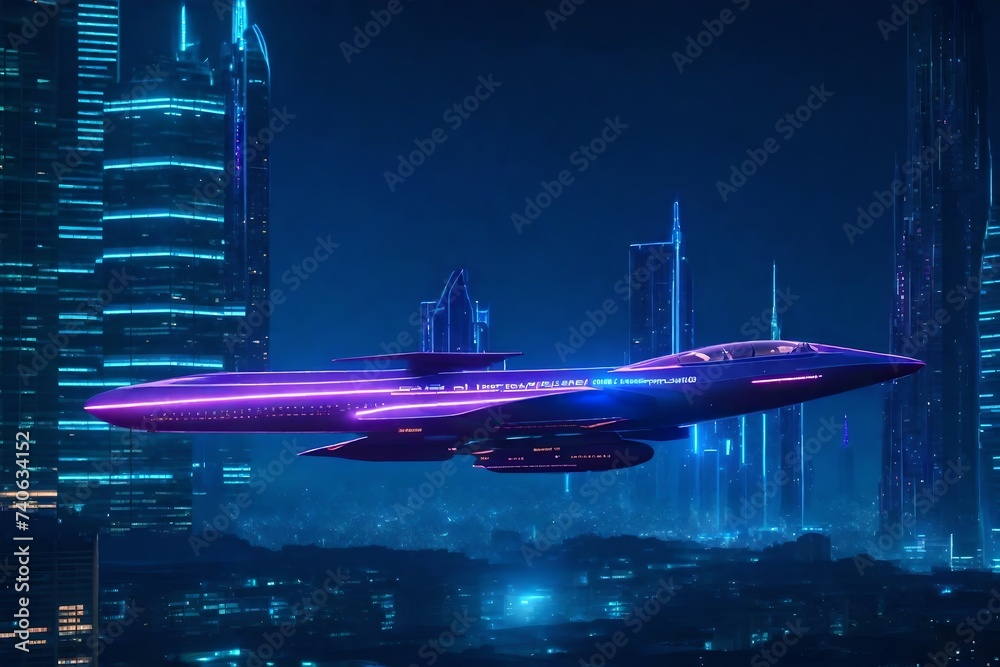 /imagine A futuristic VTOL aircraft hovering effortlessly above a futuristic cityscape, with sleek skyscrapers and neon lights illuminating the night sky below.