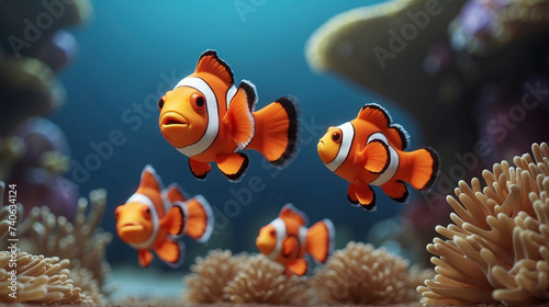 A group of vibrant clownfish swimming among sea anemones in a colorful underwater setting