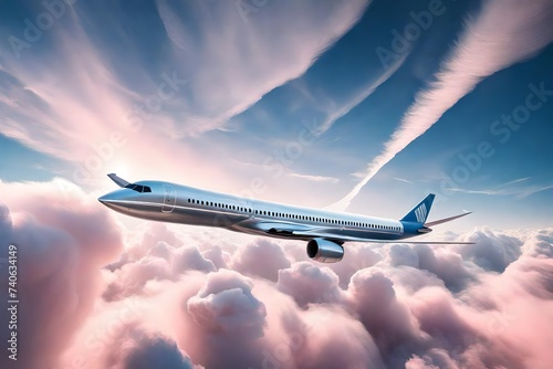 Obraz na płótnie /imagine A sleek, silver passenger jet soaring through a cotton candy sky, leaving behind a trail of wispy clouds. w salonie