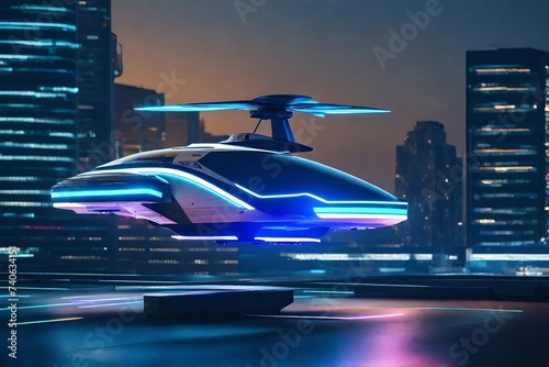 Obraz na płótnie A futuristic air taxi taking off vertically from a rooftop helipad, offering commuters a seamless transition between urban destinations. w salonie