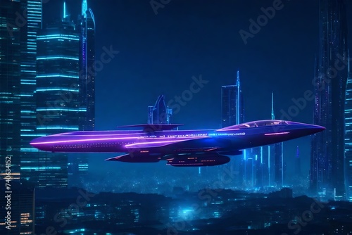 Obraz na płótnie /imagine A futuristic VTOL aircraft hovering effortlessly above a futuristic cityscape, with sleek skyscrapers and neon lights illuminating the night sky below. w salonie