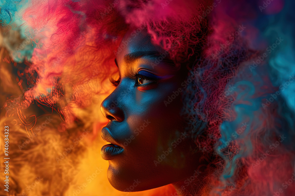 Retrato artístico de mujer africana con polvo y humo de colores - obrazy, fototapety, plakaty 