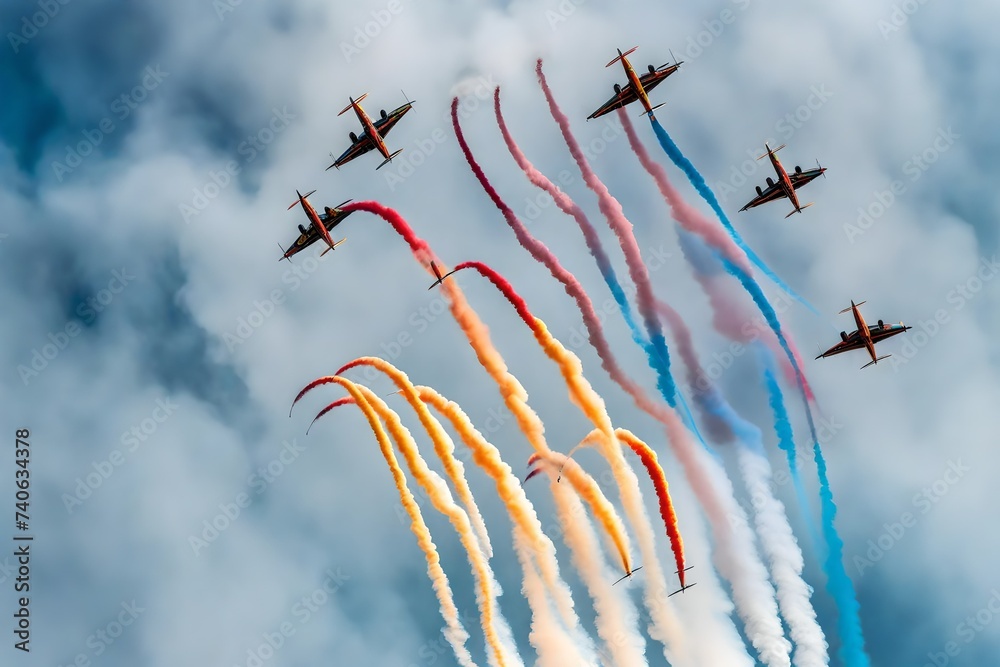 A formation of acrobatic stunt planes leaving colorful smoke trails in their wake as they perform intricate maneuvers at an airshow, dazzling spectators below.