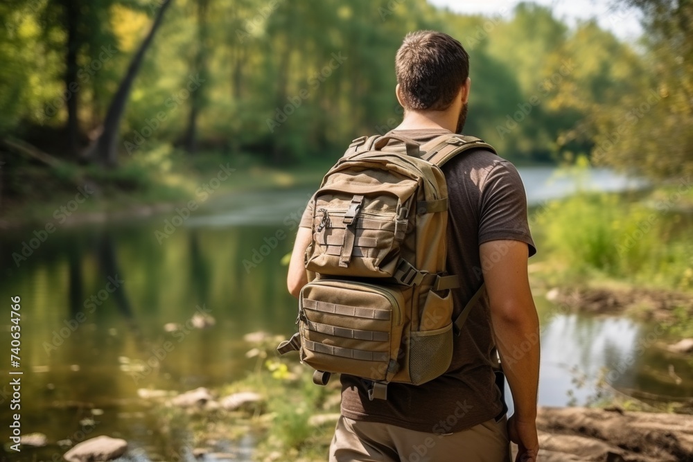 Active man with backpack doing ruck sport outdoors, copy space for text or advertisement