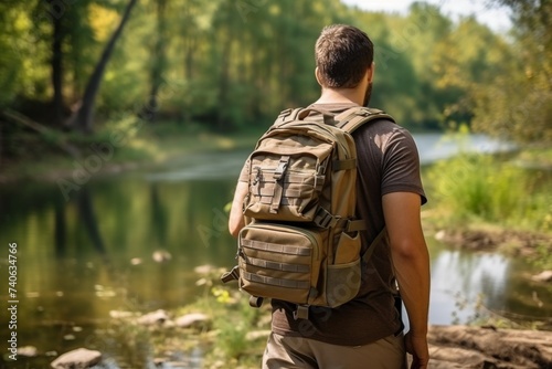Active man with backpack doing ruck sport outdoors, copy space for text or advertisement