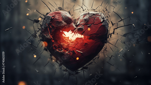 Broken Heart, an abstract image of a broken heart, hardcore style background, feeling unhappy in love, broken heart, sad, depressed, regret with belove one. Human's feeling, Emotional abstract image w