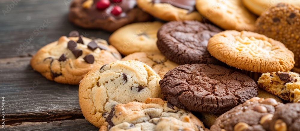 There is a wide variety of cookies laid out on the table, each made with different ingredients and recipes to create delicious baked goods