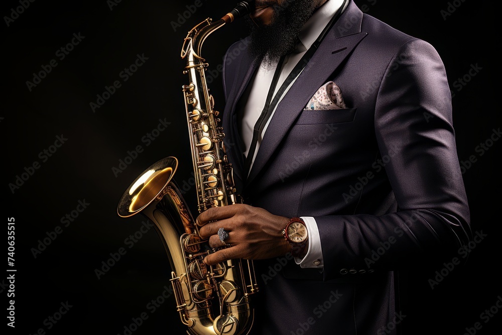 Fototapeta premium Saxophonists hands playing saxophone at jazz festival music background with copy space
