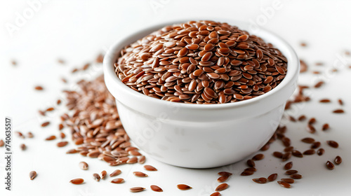 Flaxseeds white bowl isolated white background nutritious organic food ingredient, Generative Ai