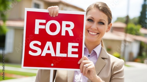 Cheerful real estate agent with for sale sign by house, exuding confidence in light suit, smiling.