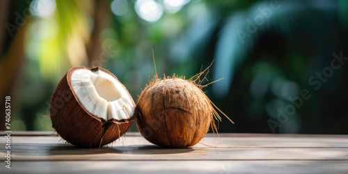 Fresh Coconuts on a Wooden Table, on a blurred Background of Palm Trees, copy space