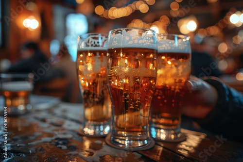 Amigos brindando con cerveza en un bar animado por la noche