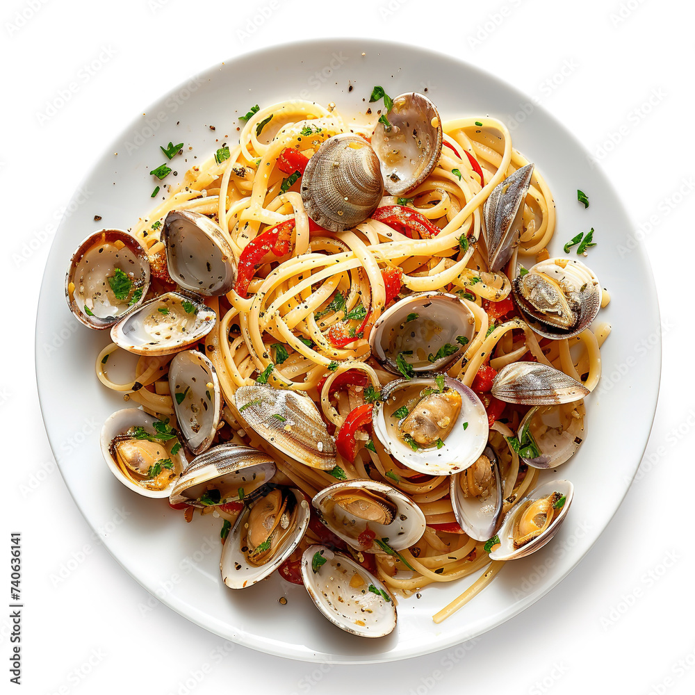 Linguine alle Vongole on isolated white background, top view