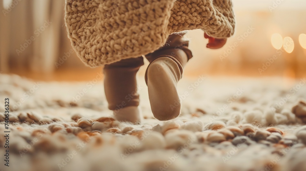 Low angle rearview of a female baby walking on a soft carpet on the floor in a house or home, newborn infant or toddler child first steps, learning how to walk. Indoors girl development - obrazy, fototapety, plakaty 
