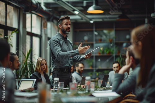  business consultant giving a presentation to group of employees in office, generative AI 