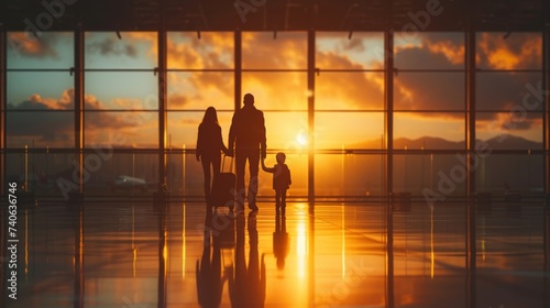 Family Silhouettes with Luggage at Airport during Sunset, Traveling Together towards New Adventures and Destinations