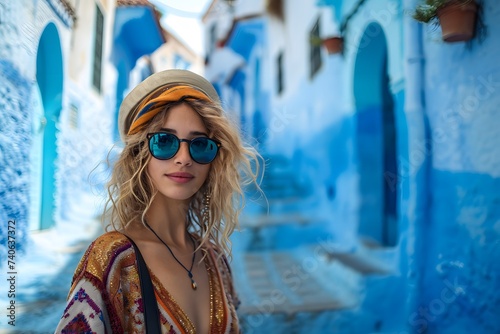 the essence of Chefchaouen by posing against a backdrop of blue walls, © wizXart