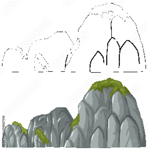 Vector art of mountains with green foliage accents